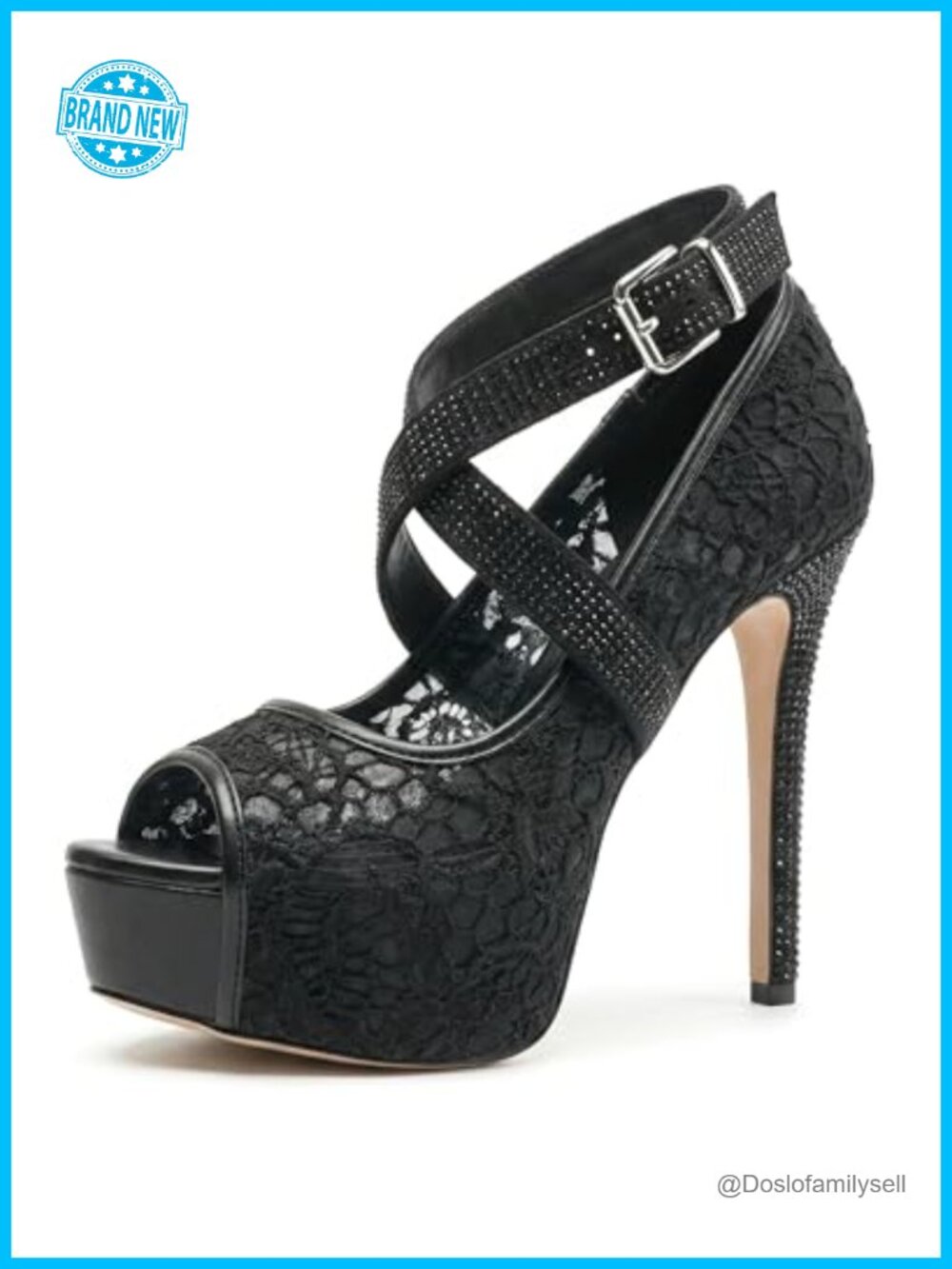 Lace Platform Peep Toe Ankle Strap Stiletto Heels Rhinestone Dress Pumps